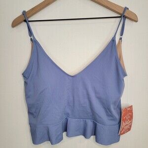 NWT KORTNI JEANE 2XL Blue Ribbed Scoop Swim Top Peplum Ruffle Adjustable Strap